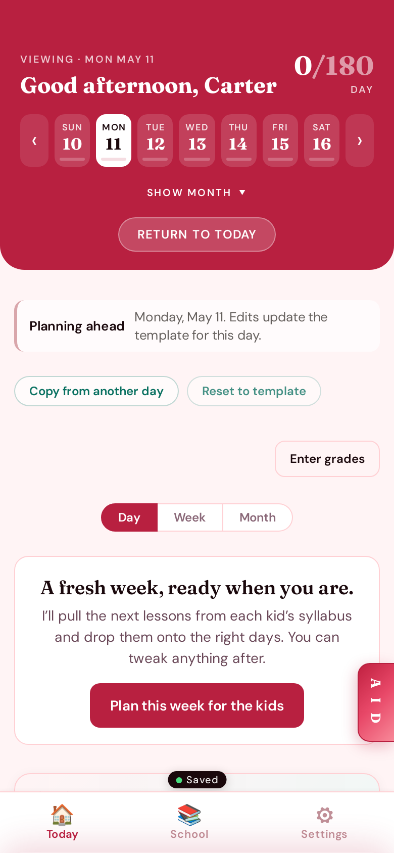 Future-day mode — Planning ahead banner with Copy from another day and Plan this week prompts