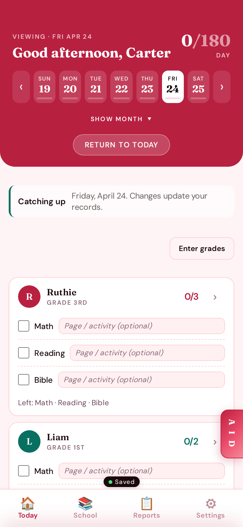 Past-day mode — Catching up banner with per-subject checkoffs for each kid