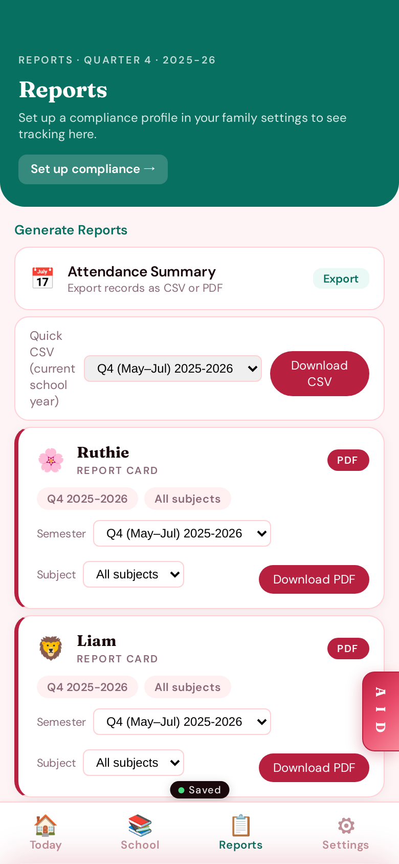 The Reports tab — attendance summary and per-kid report cards on demand