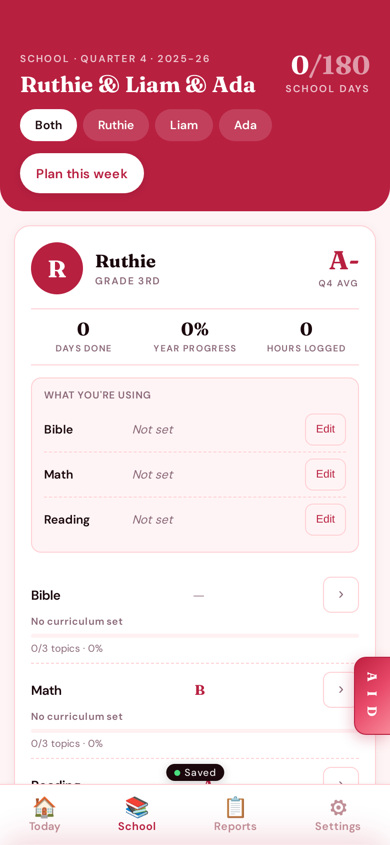 The School tab — one killer card per kid with quarterly average and progress