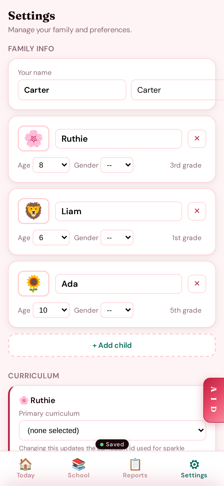 Settings — family info, kids, curricula, and subject rename UI