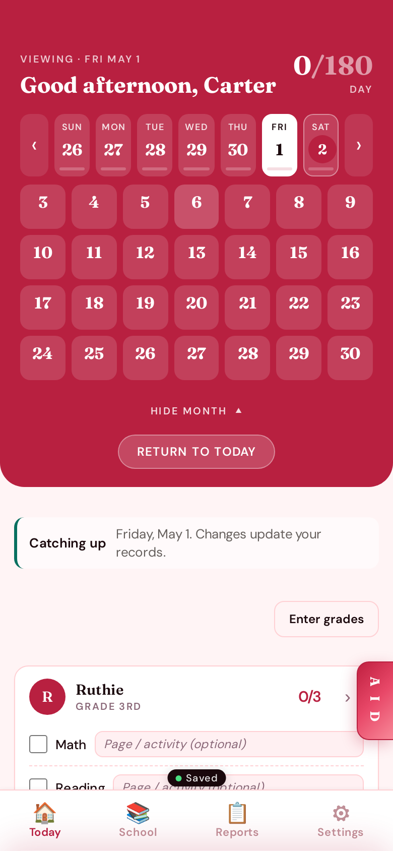 The Today tab — hero card, day strip, and monthly calendar pulldown